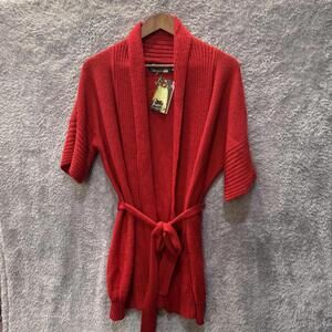 Women's 100% Baby Alpaca Size XL Short Sleeve Belt Sweater Red Coquette Cozy NWT